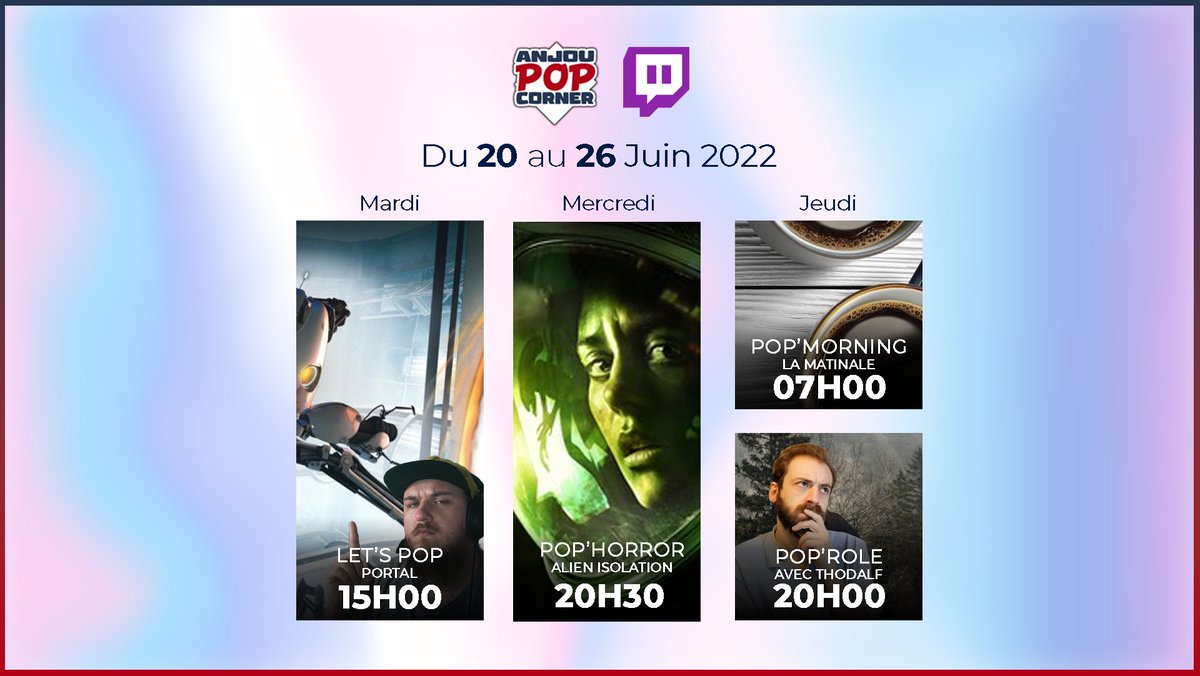 Anjou_popcorner's tweet photo. Et un planning pour la semaine 25, un ! 
Nos beaux streamers cette semaine sont : Le magnifique @WarT0XFR, l'intrépide @KifLeNouby, le fabuleux @Tomie31_Live, le fougueux @thodalf ! On se donne rendez-vous dès demain 15h00 sur https://t.co/p76t1P1qOq ! https://t.co/G1wjCCRyMi
