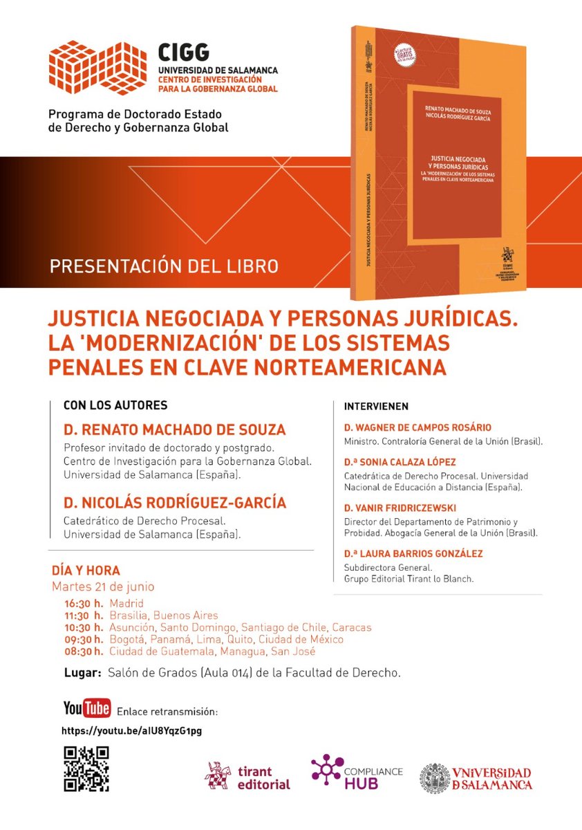 Os invitamos a la presentación del libro "Justicia Negociada y Personas Jurídicas. La modernización de los sistemas penales en clave norteamericana"

Mañana martes 21 de junio alas 16:30h España 
📌Salón de grados (Aula 014) de la Facultad de derecho <a href="/usal/">Universidad de Salamanca</a>
bit.ly/3MYREnV