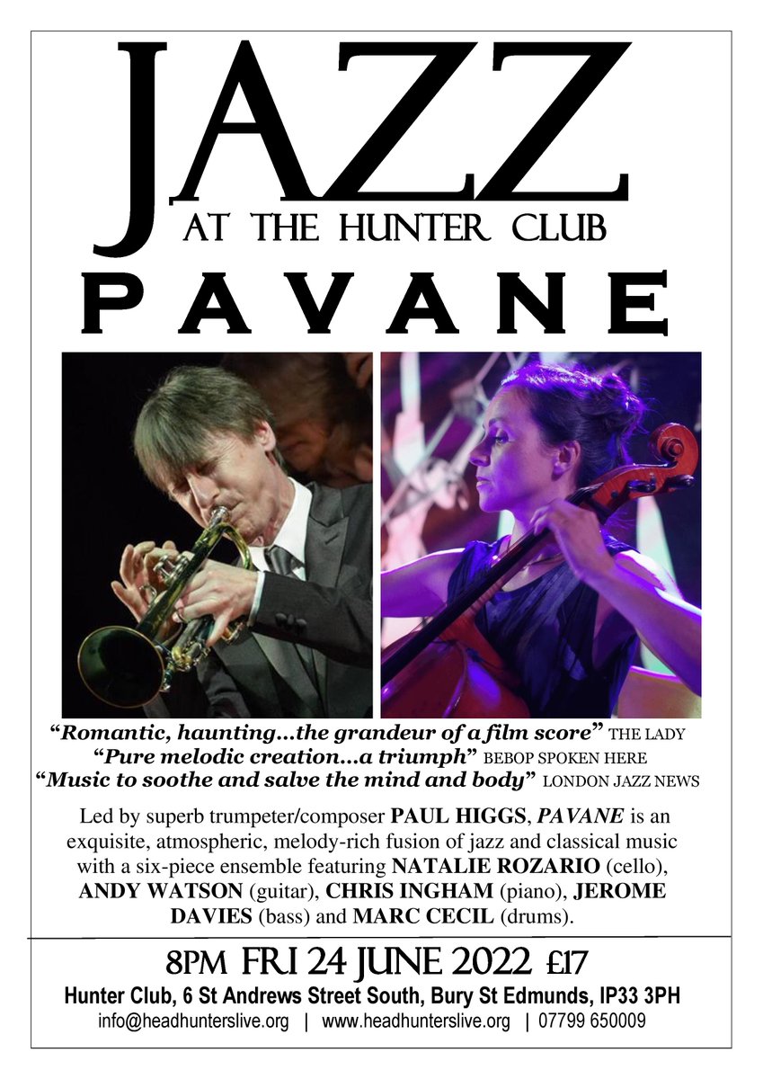 8pm next Fri 24 June, a unique group <a href="/jazzatthehunter/">JazzattheHunterClub</a> #BuryStEdmunds. Tickets headhunterslive.org