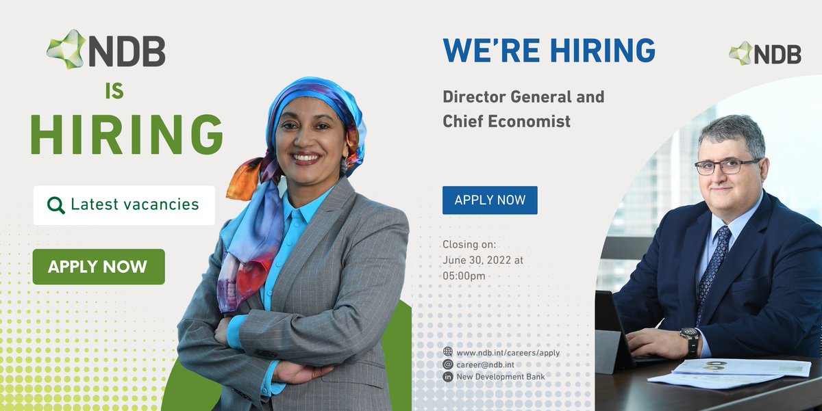 NDB_int's tweet photo. Qualified candidates from New Development Bank member countries are invited to apply for the role of Director General and Chief Economist.
APPLY NOW:
https://t.co/89NU6RVKu7
#NDB #recruitment #ChiefEconomist #WorkAtNDB https://t.co/a2lXM781Hi