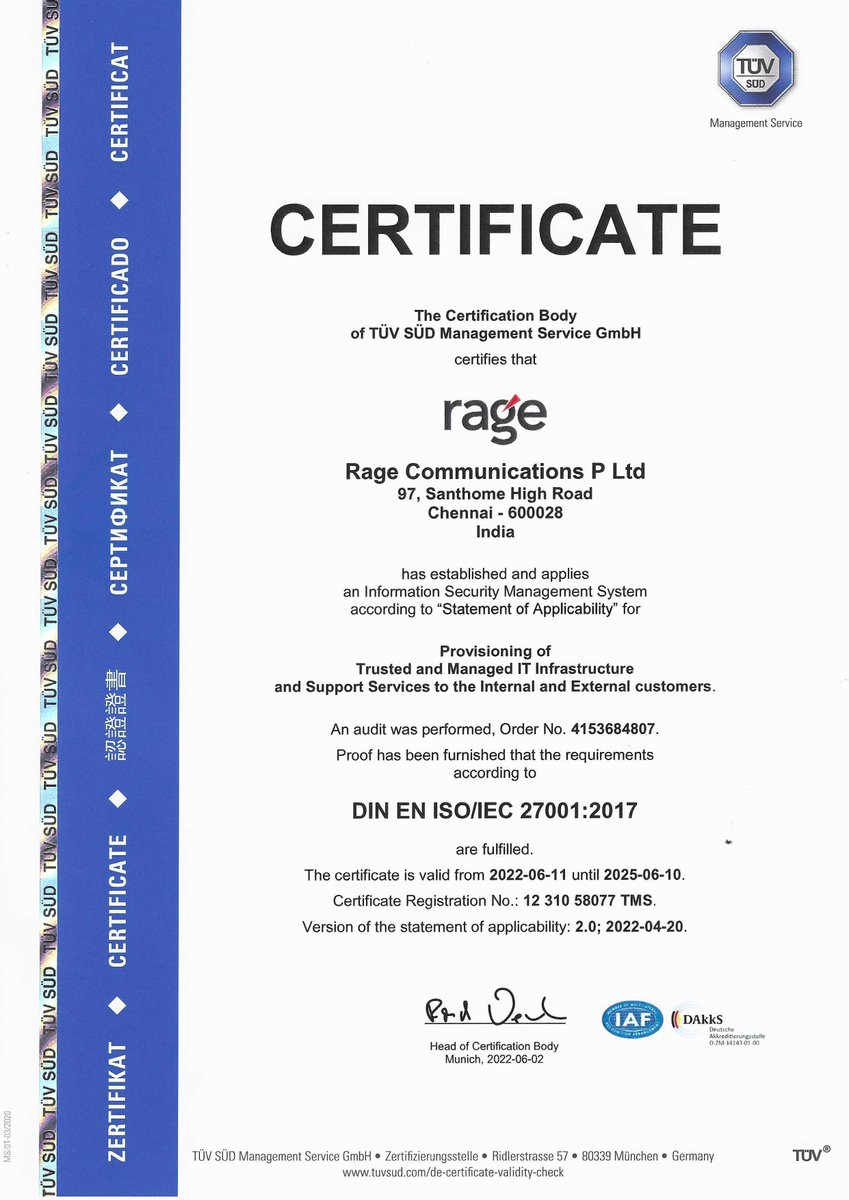 RageComm's tweet image. Rage&apos;s security, superiority &amp;amp; perfection, validated by global certification.
#ADKRage #RageCommunications #Achievements #Security #DigitalAgency