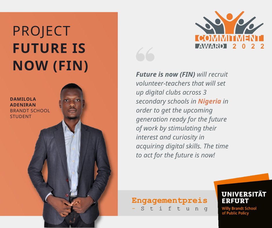 🏆 <a href="/commitmentaward/">Commitmentaward</a> 2022! May we present the third shortlisted project: "Future Is Now (FiN)" by <a href="/BrandtSchool/">Willy Brandt School of Public Policy @unierfurt</a> student <a href="/zeb_dami/">Damilola Adeniran</a>. Read more about the #CA2022 and the projects here: bit.ly/3MrlAZy