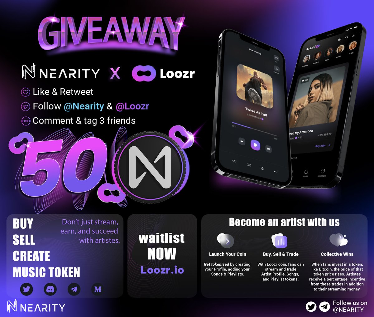 🚨NEARITY❌LOOZR GIVEAWAY🚨
💰50 $NEAR for 10 winners💰

🚨Each 500 participants, the number of winners +1
🛑72hrs &amp; Rules
1⃣Like &amp; RT
2⃣Follow <a href="/officialloozr/">Loozr 💿</a> &amp; <a href="/Nearity_org/">Nearity 🅝 | Create Without Limits</a> 
3⃣Comment &amp; tag 3 friends

#NEAR #NEARITY #Loozr #Giveaways #GiveawayAlert #Airdrop #Airdrops #music