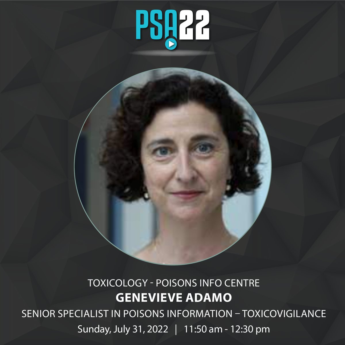 We’re only a few weeks away from  PSA22! Have you registered to join your colleagues and peers at our pinnacle event of the year?

Hear from one of our best speakers in Toxicology, Genevieve Adamo.

Don’t miss your chance, register now &gt;  
ow.ly/xwK750JBfZ6