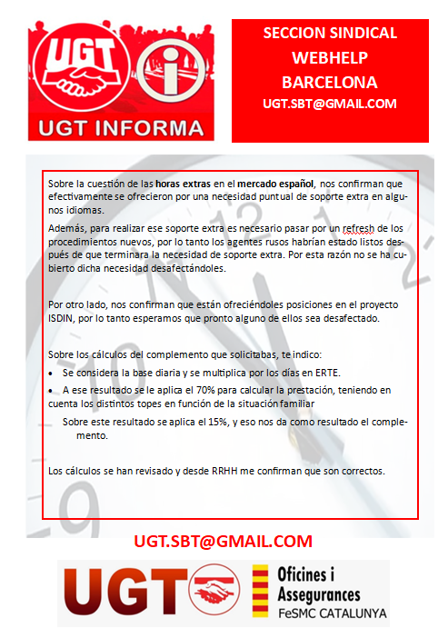 ugtsellbytelbcn's tweet photo. Sobre la respuesta de las horas extras, igual que escusa tienen no es legal hacer horas extras durante un periodo de ERTE. #Webhelp #WebhelpSpain #UgtWebhelp #ThinkHuman https://t.co/wjc3V9LA30
