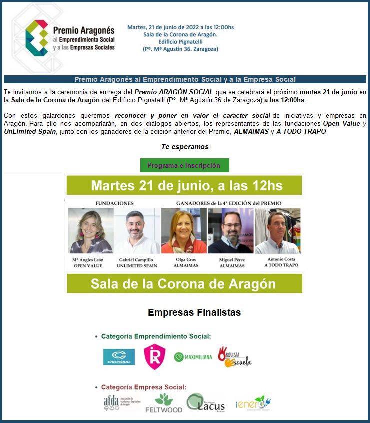 Almaimas está invitada mañana por el <a href="/IAF_Aragon/">IAF</a> como ganadores de la IV Edición de Emprendimiento Social 2021 para #conversar como #EmpresaSocial Comprometida y compartir la ceremonia de entrega del Premio Aragón Social 2022. 

¡Puedes inscribirte en: emprenderenaragon.es/inscripcion-ac…!