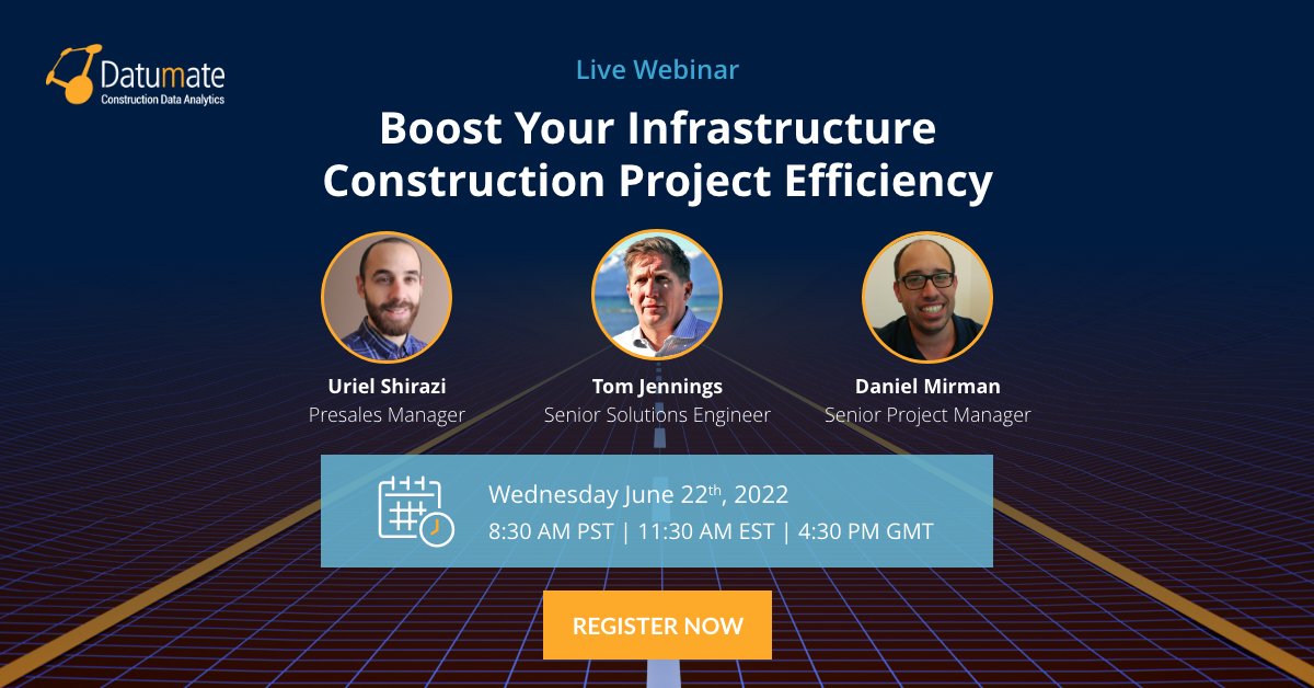 datumate's tweet image. Keeping a project on budget, time, and high quality isn’t always easy. But with Datumate’s 4D infrastructure construction analytics platform it is. Join our webinar to learn more.

Register now: eu1.hubs.ly/H015V0G0

#ConTech #Datumate #digitalconstruction #infrastructure
