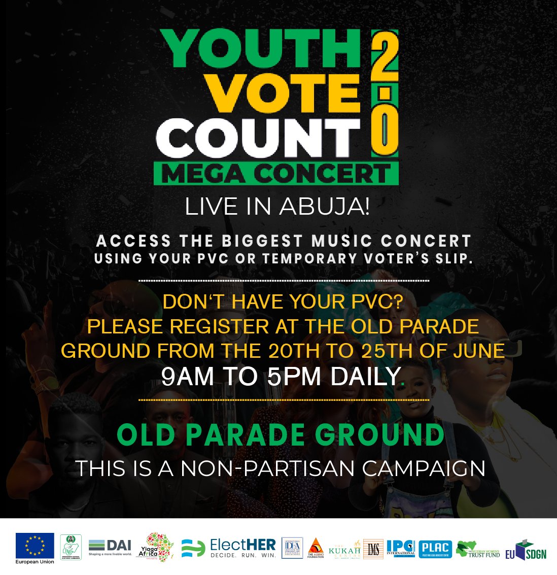 I am live at the Old Parade in Abuja where @INECNigeria officials have setup to register people who do not have their PVC ahead of the #YouthVoteCountNG mega concert .
#Eu_sdgn
#Euinnigeria