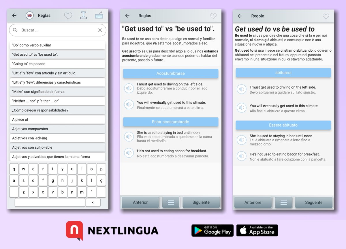 nextlinguapp's tweet photo. Sigamos repasando reglas gramaticales. Hoy veremos "get used to" y "be used to", en #español y en #italiano #NEXTLINGUA #aprenderidiomasonline #aprenderinglés #aprenderitaliano
https://t.co/zuAB8ue7Eu
https://t.co/nOlw8xfoyP https://t.co/4028PnMUtn