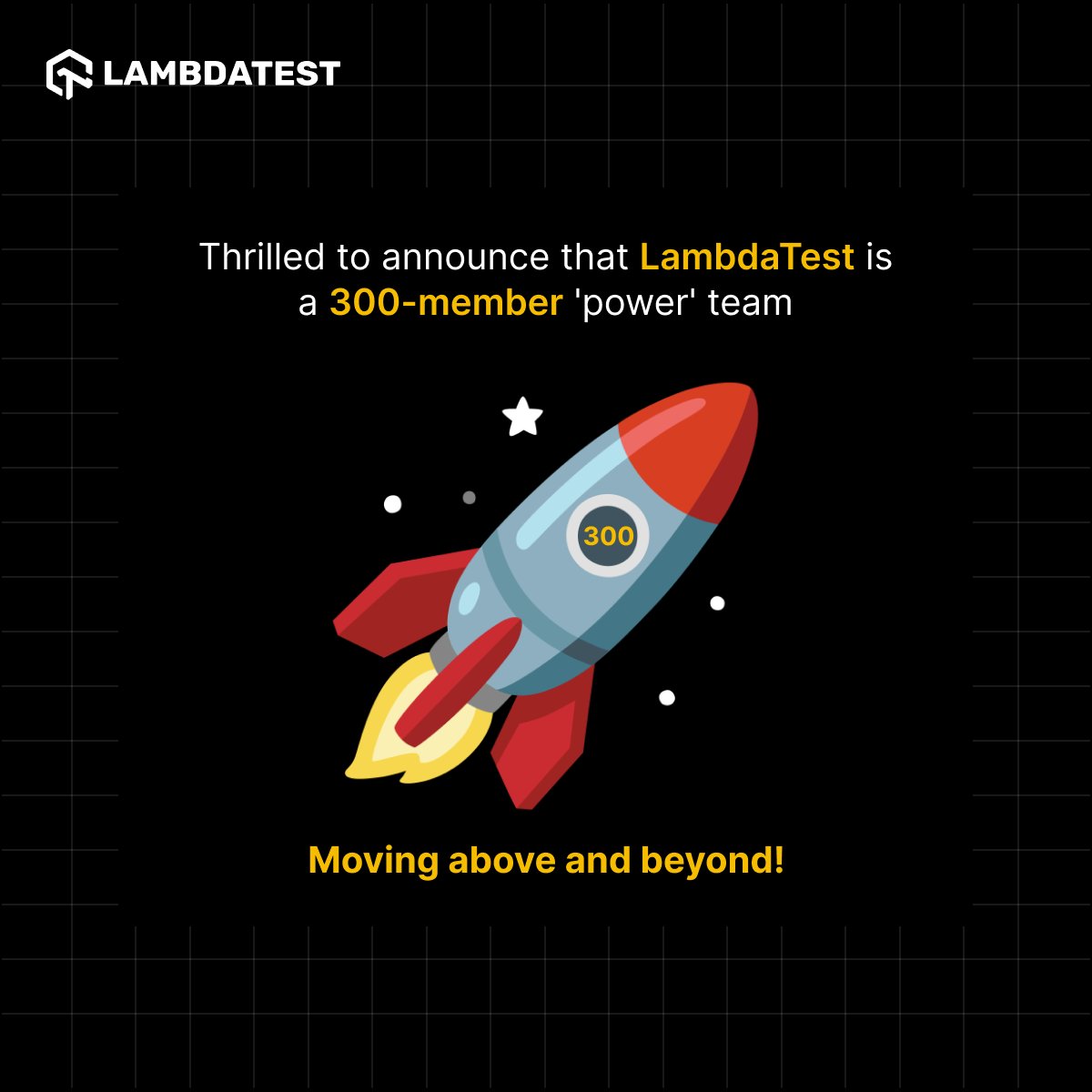 lambdatesting's tweet image. LambdaTest is now 300-member strong! ๐ช We canโt wait to scale greater heights with you all! Onwards and upwards, Team LT! ๐๐
#LifeAtLambdaTest #LambdaTestLife #TeamOfLambdaTest