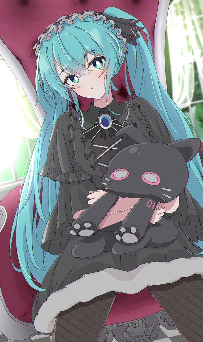 hatsune miku 1girl long hair stuffed toy black dress twintails solo dress  illustration images