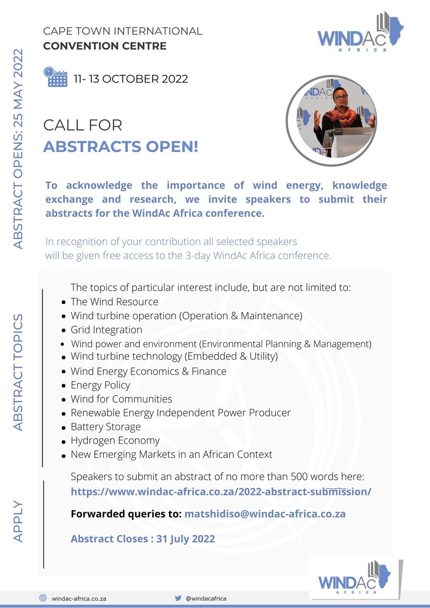 Academics in the wind energy field are invited to submit abstracts for consideration to speak at the WindAc Africa Conference on 11-13 October 2022. Submit your abstract via our website by the 31st of July 2022.
windac-africa.co.za/2022-abstract-…