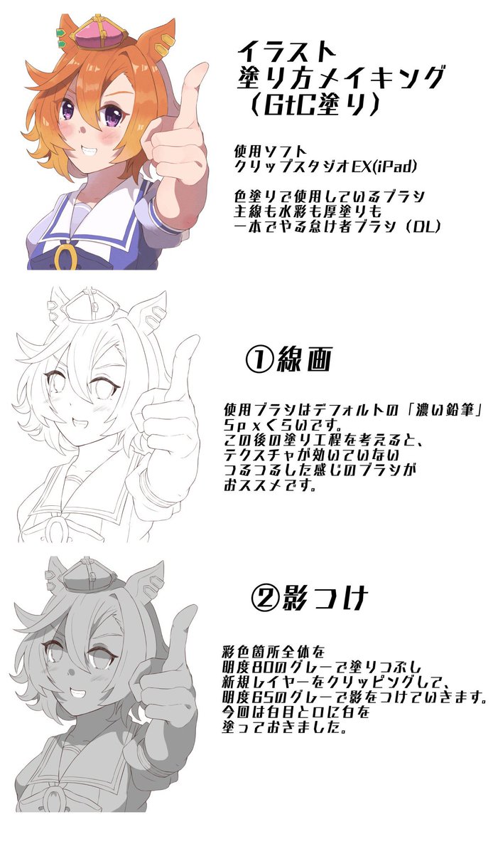 色塗りについての
あんまり詳しくないメイキングです
(GtC塗り)
※目の塗りは省略してます

なにか質問あればどうぞ! 