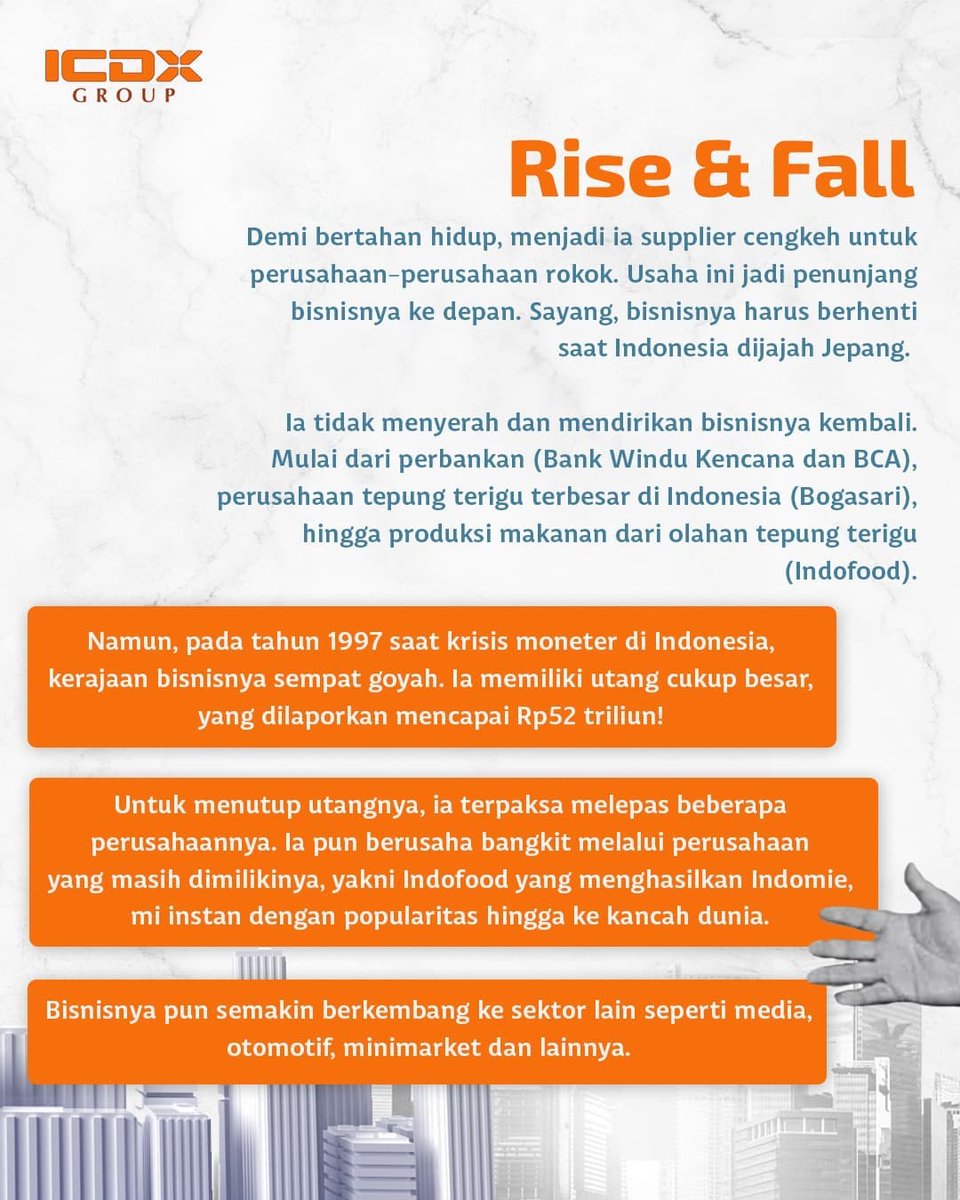 ICDXgroup's tweet photo. Dari gelandangan jadi konglomerat? Apapun profesi Anda, petik tips sukses dari Sudono Salim berikut ini. Swipe👉
#BursaMasaKini #GoTrading https://t.co/26h3s2rQsX