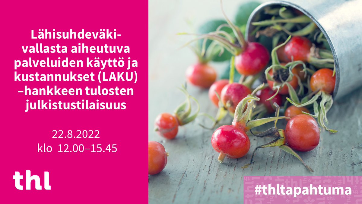 Lähisuhdeväkivallasta aiheutuva palveluiden käyttö ja kustannukset seminaari 22.8.
Miten lähisuhdeväkivalta on yhteydessä #terveys-, #sosiaali- ja #oikeus'palveluiden (ml. #poliisi) käyttämiseen ja kustannuksiin? Mitä tulisi tehdä?
thl.fi/fi/ajankohtais…
<a href="/vnteas/">Valtioneuvoston TEAS</a> @fi_soteuudistus