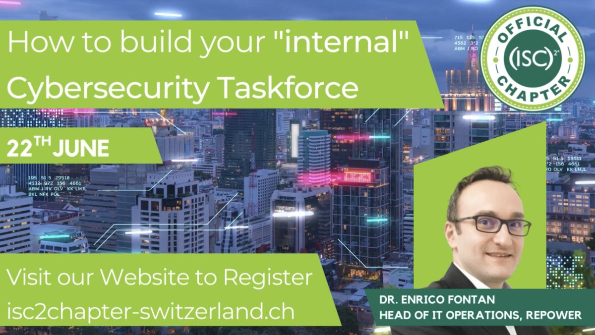 Good Monday everyone!
We look forward to seeing you at our Online Meeting Wednesday 22nd of June at 18:00-20:00 - WebEx

<a href="/ErFontan/">Enrico Fontan</a> <a href="/isc2ch2/">ISC2 Chapter Switzerland</a> President with the IT skills for the perfect incident handling Team

isc2chapter-switzerland.ch/events/#!event…

#ISC2 #infosecurity #cybersecurity