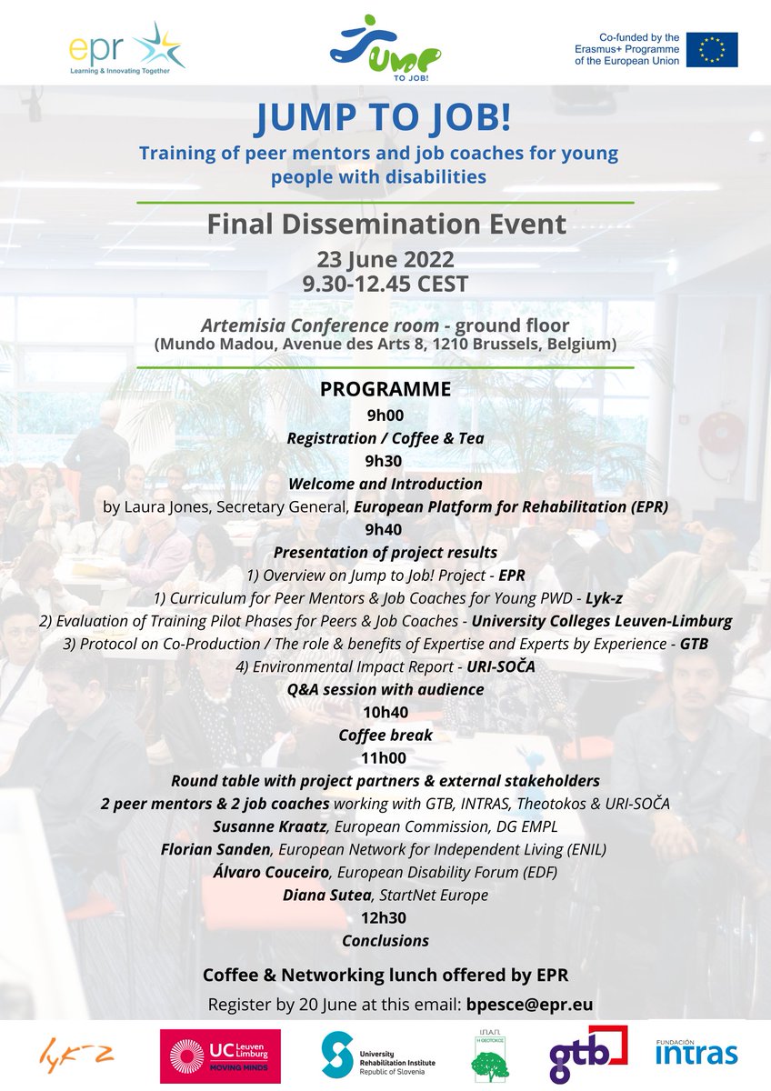 EPR_Network's tweet photo. 📢LAST DAY TO REGISTER!
📝Jump to Job! Final Event
📆 23rd June
📍 Brussels, Belgium
Register here👉 https://t.co/7ld0uaoV1O
📋Full Programme: https://t.co/8x6FypU7yi
@EU_Commission @Theotokos_IPAP @fintras
#Jumptojob! #ErasmusPlus #KA2 #youth #inclusivejob #frogmethodology https://t.co/l4sDFX66Hz