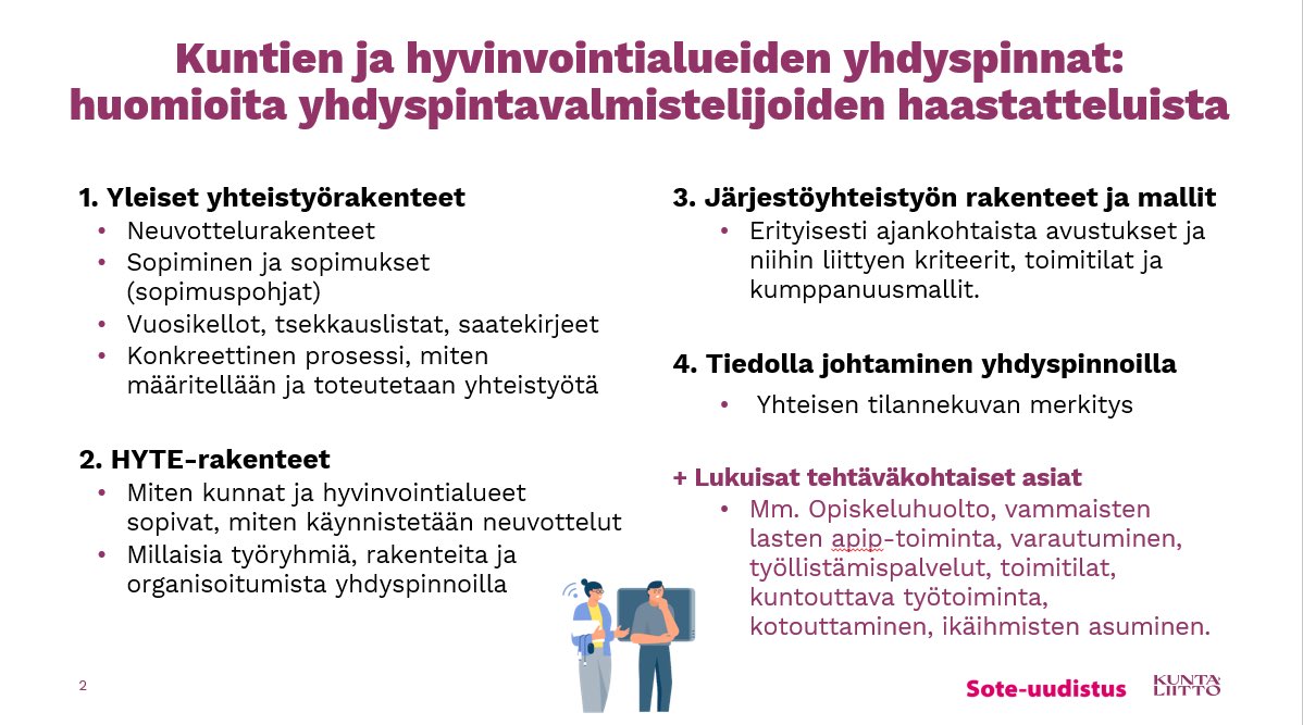 LiisaJurmu's tweet photo. Työni aluksi päätin haastatella hyvinvointialueiden yhdyspintojen vastuuvalmistelijat. Näin saatiin ajankohtaista tietoa siitä, mihin kaivataan tukea, miten voimme olla avuksi ja mikä on ajankohtaista. Mm.näihin keskitymme👇Lomien jälkeen kysely kunnille. #yhdyspintaprojekti https://t.co/rleTzRINBN
