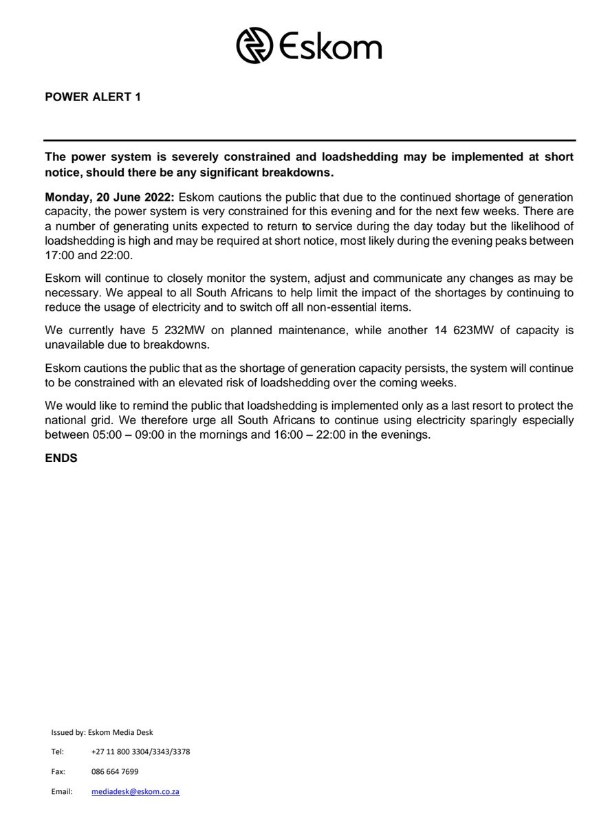 Eskom_SA's tweet photo. #PowerAlert1 

The power system is severely constrained and loadshedding may be implemented at short notice, should there be any significant breakdowns.

@SABCNews @eNCA @Newzroom405 @ewnreporter @News24 @IOL https://t.co/hp5UhP3WmY