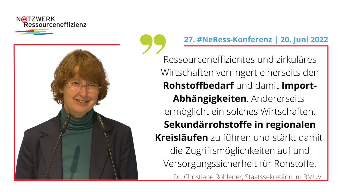 VDI_ZRE's tweet photo. Dr. Christiane Rohleder, Staatssekretärin @BMUV, betont in ihrem Grußwort auf der 27. #NeRess-Konferenz die Bedeutung von #Kreislaufwirtschaft, u.a. um unabhängiger in der Beschaffung von #Rohstoffen zu werden. https://t.co/yw6G9LO6qP