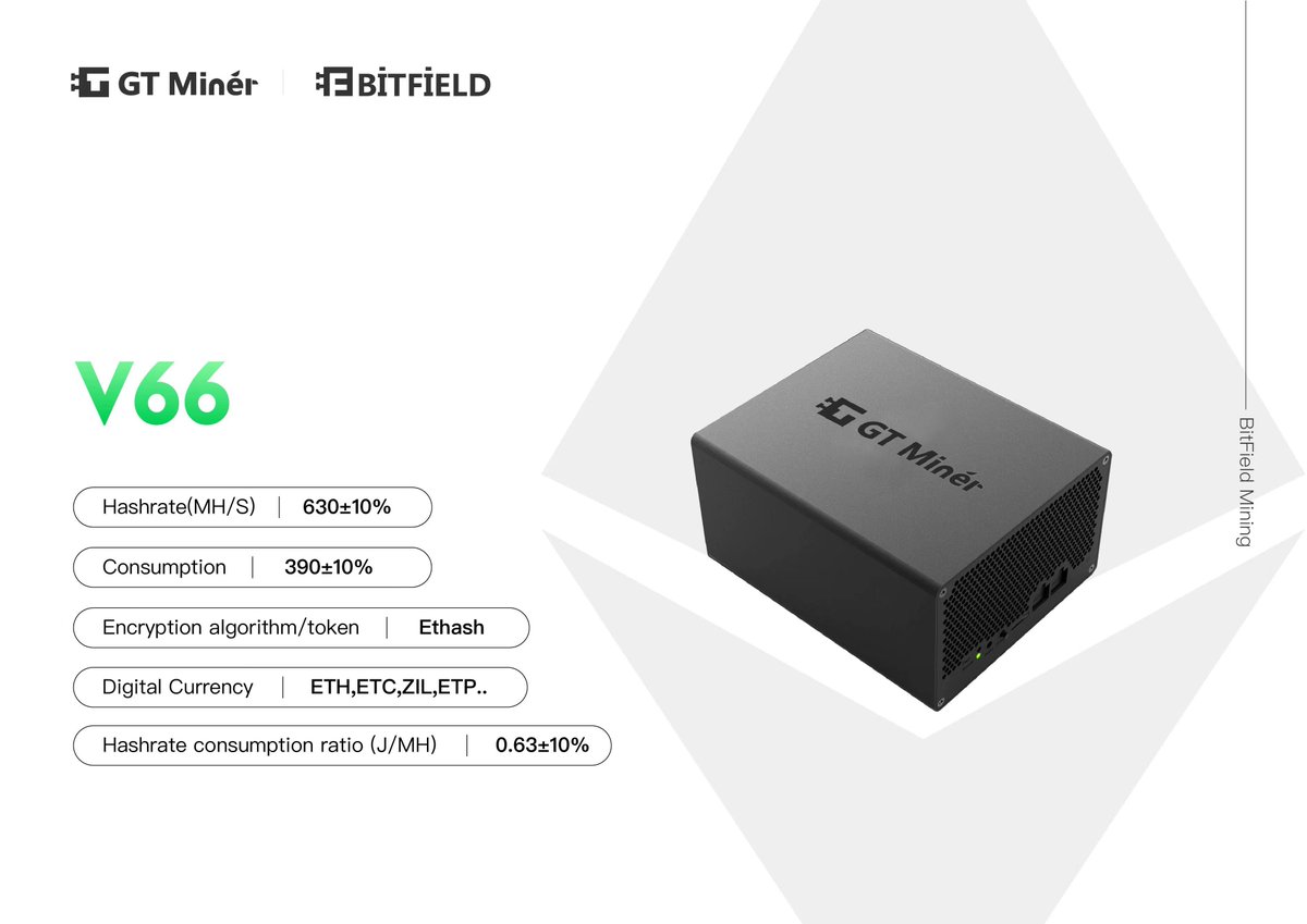 BitField_Mining's tweet photo. #BitField V66 GT Miner Overview

Specifications:
🔸Hashrate(MH/S) - 630 +-10%
🔸Consumption - 390 +-10% 
🔸Encryption algorithm/token -  Ethash 
🔸Digital Currency - ETH, ETC ,ZIL, ETP
🔸Hashrate consumption ratio -  (J/MH) 0.63 +-10%

#CryptoMiner #ETH #ETHMiner #Mining #GTMiner https://t.co/5QX13zull1