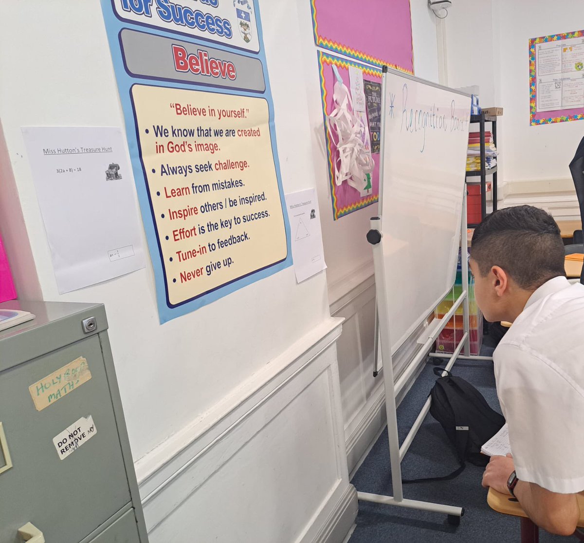 HolyroodsecM's tweet photo. Miss Hutton’s class have been solving equations with variables on both sides during a treasure hunt. This task encouraged some healthy competitiveness and also a great opportunity to revise! #AspireBelieveCommunicate https://t.co/AyUHzYNtJE