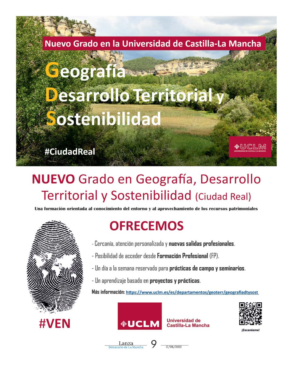 GeografiaUCLM's tweet photo. 🔴 🗓️Desde hoy, 20 de junio, y hasta el próximo 9 de septiembre, queda abierto el plazo de matrícula directa (sin preinscripción) en el Grado de #Geografía, #DesarrolloTerritorial y #Sostenibilidad de @uclm_es #CiudadReal #VEN
➡️ https://t.co/rb901cfstJ
⬇️🌏🌍🌎#CastillaLaMancha https://t.co/lG8cWeq25D