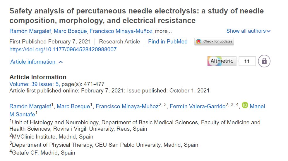 📃Safety analysis of percutaneous needle electrolysis: a study of needle composition, morphology and electrical resistance
 
Investigación de Margalef y otros para evaluar la seguridad del procedimiento de #electrólisispercutánea y posibles alteraciones de las #agujas empleadas.