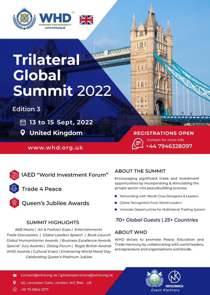 #WHD strives to promote Peace, Education &amp; Trade Harmony by collaborating with world leaders,
entrepreneurs and organisations worldwide. #TGS Summit encourages significant trade investment opportunities by incorporating &amp; stimulating the private sector into peacebuilding process.