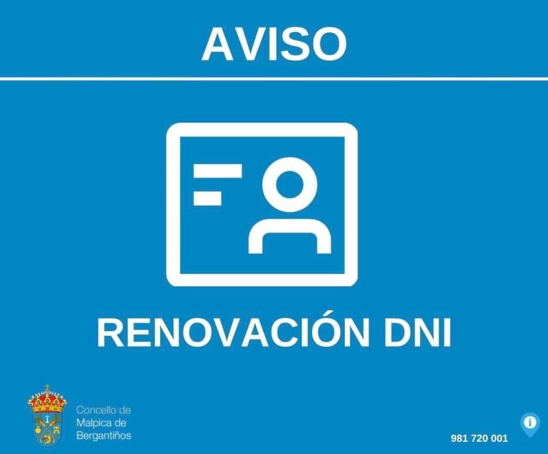 ❗❗RENOVACIÓN DNI 
Unha unidade móbil de renovación do Documento Nacional de Identidade estará en Malpica  o próximo 7 de outubro. Se precisas renovar ou obter o DNI debes apuntarte na casa consistorial. 

#documentación #accesibilidade #servizos