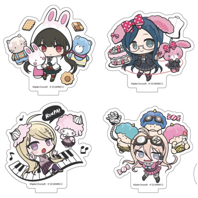 Close-ups of the Danganronpa V3 x Sanrio collaboration merch designs. 
