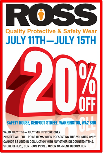 ross_safety's tweet photo. ***20% DISCOUNT PROMO*** SHOW THIS VOUCHER IN-STORE FOR 20% DISCOUNT OFF ALL FULL PRICE PPE, SAFETY AND WORKWEAR PRODUCTS JULY 11TH – JULY 15TH ONLY AT J&amp;K ROSS! 
#workwear #safetywear #ppe #warrington @warringtonworld @warringtonnews https://t.co/IIjsGW2MVO