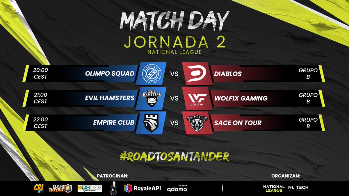 Pro Mancos League (@promancosleague) on Twitter photo #MatchDay | <a href="/EsportsRoyaleES/">Esports Royale ES</a>
๐ #J2 | 20:00๐ช๐ฆ
๐บ Twitch.tv/National_TV
<a href="/OlimpoSquad/">Olimpo Squadโก๏ธ</a> ๐ <a href="/DiablosEU/">Diablos EU</a>
๐๏ธ <a href="/TucansitoAlv/">Tucansito</a> & @BersotaCR
<a href="/ehamstersclub/">Evil Hamsters ๐๐น</a> ๐ <a href="/WolfixGaming/">Wolfix Gaming</a>
๐๏ธ <a href="/TucansitoAlv/">Tucansito</a> & <a href="/Juanal_Con_L/">JuanTrick:):(</a>
<a href="/EmpireClubeu/">Empire</a> ๐ <a href="/sace_tour/">Sace On Tour</a>
๐๏ธ <a href="/kevincito_CR/">Kevincito</a> & <a href="/ChristianElNob/">ChristianElNob</a>
#RoadToSantander #MatchDay | <a href="/EsportsRoyaleES/">Esports Royale ES</a>
๐ #J2 | 20:00๐ช๐ฆ
๐บ Twitch.tv/National_TV
<a href="/OlimpoSquad/">Olimpo Squadโก๏ธ</a> ๐ <a href="/DiablosEU/">Diablos EU</a>
๐๏ธ <a href="/TucansitoAlv/">Tucansito</a> & @BersotaCR
<a href="/ehamstersclub/">Evil Hamsters ๐๐น</a> ๐ <a href="/WolfixGaming/">Wolfix Gaming</a>
๐๏ธ <a href="/TucansitoAlv/">Tucansito</a> & <a href="/Juanal_Con_L/">JuanTrick:):(</a>
<a href="/EmpireClubeu/">Empire</a> ๐ <a href="/sace_tour/">Sace On Tour</a>
๐๏ธ <a href="/kevincito_CR/">Kevincito</a> & <a href="/ChristianElNob/">ChristianElNob</a>
#RoadToSantander