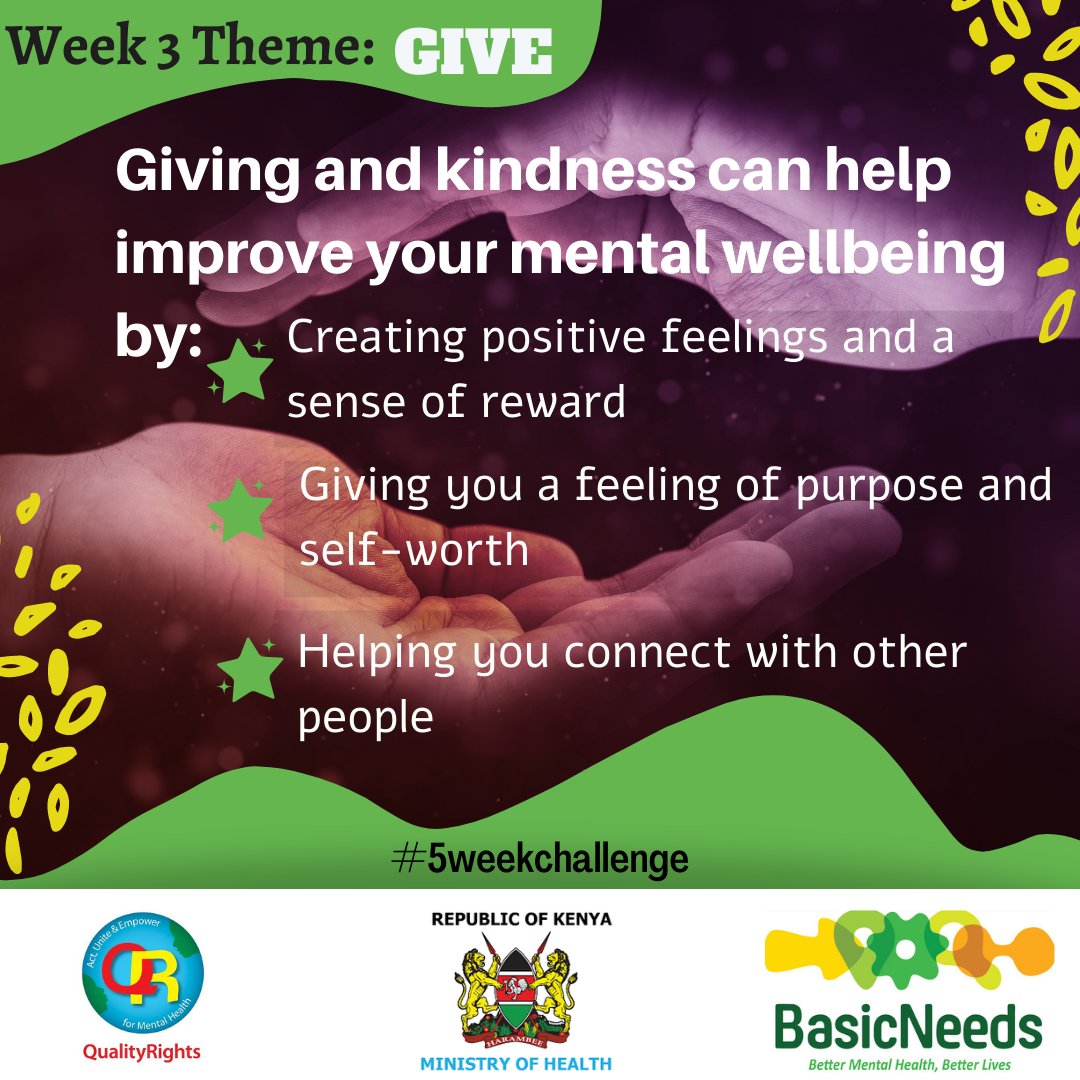 qualityrightske's tweet photo. Giving and sharing does not only benefit the recipient. it also improves the personal well-being of the giver. So, this week challenge yourself to lend a hand to someone. Create time to share one of your resources, bless someone and bless yourself. #5WeeksChallenge #mentalhealth https://t.co/USEhJN5F4I