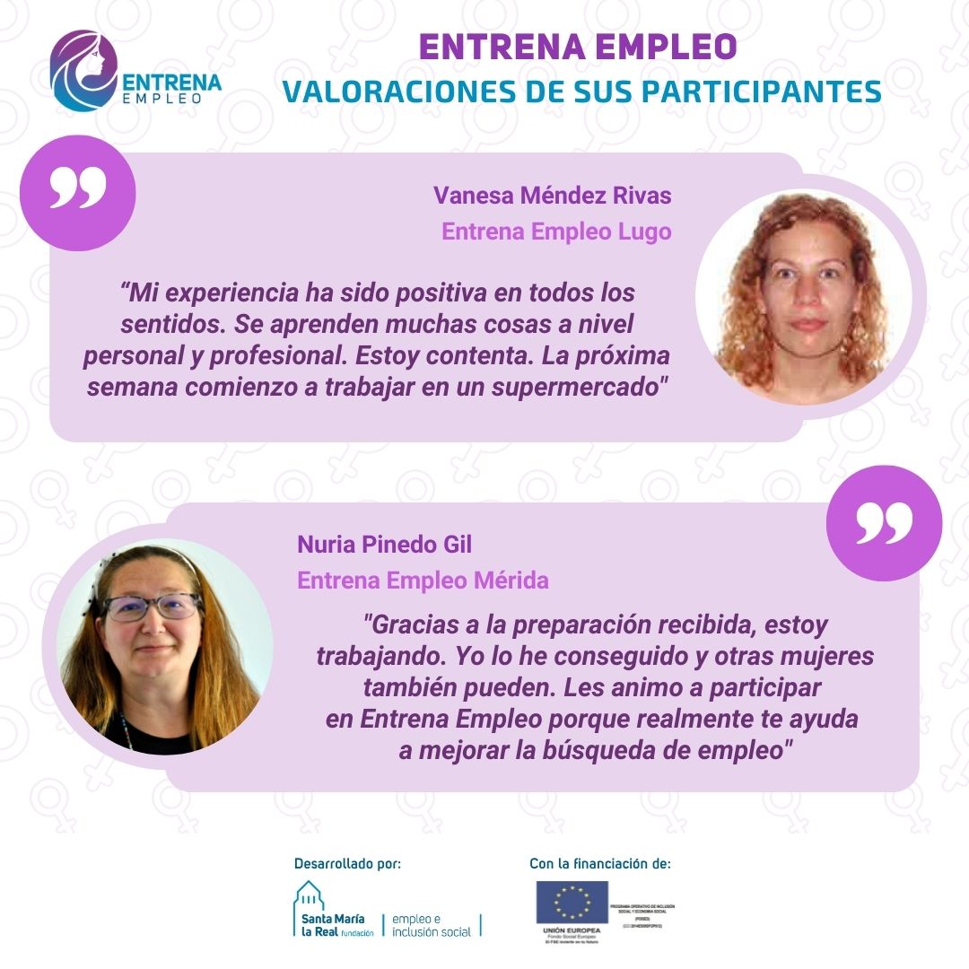 AreaEmpleoFSMLR's tweet photo. 💜 Nos cuentan su #ExperienciaPositiva en #EntrenaEmpleo y animan a más #mujeres en #DesempleoDeLargaDuración  a participar en los próximos #proyectos que comenzarán en #septiembre! 💁‍♀️https://t.co/z2xRDFN6zE https://t.co/LWxJ0ePVUX