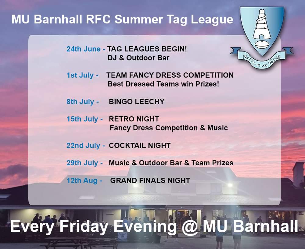 Summer Nights in MU Barnhall. 💙☀️🏉🏃‍♂️🏃‍♀️🍻🎶💙 Come on down to your local Rugby Club. Bar open Every Friday with great entertainment & Tag rugby. Everyone is Welcome 😊 We have DJ & BBQ this Friday! See you there 😊 #mubarnhalltag #summertag #thepridethepassiontheblue