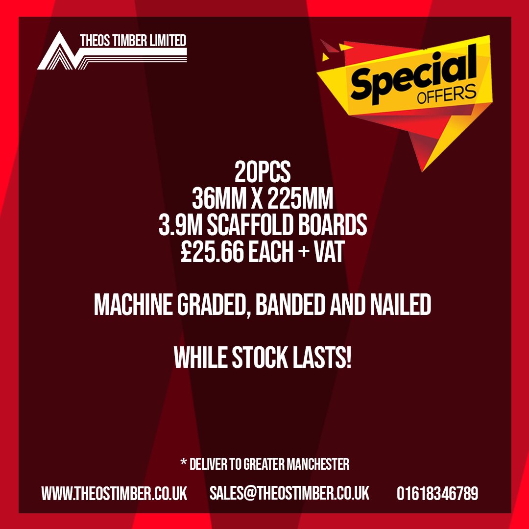 theostimber's tweet photo. Special Offer:
Pack of 20 Boards at £25.66 Each + VAT
order now while stock lasts.

Call: 01618346789
Email: sales@theostimber.co.uk

#scaffold #boards #Timber #scaffolding #construction #buildingsite #building #builders #buildersmerchant #supplier #merchant https://t.co/8tEla8cbYv