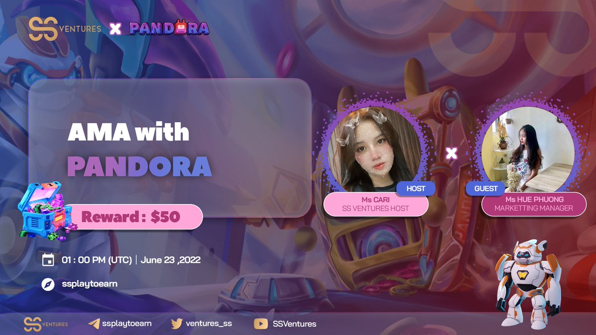 📣 #AMA: Pandora x SS Ventures

📅 Time: 01:00 PM UTC, June 23rd
🏟️ Place: t.me/ssplaytoearn 
🎁 Rewards: $50

〽️Rules:
1⃣ Follow 
<a href="/ventures_ss/">SS Ventures</a> &amp; <a href="/Pandora_DEX/">Pandora</a> 
2⃣ Like, retweet &amp; tag 3 friends
3⃣ Ask questions below 👇👇