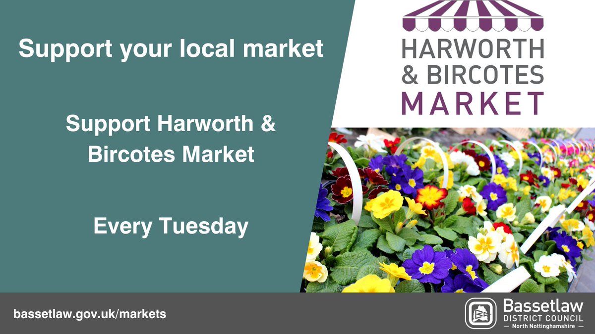 BassetlawDC's tweet photo. Support our market traders by getting your fresh produce &amp; more from #Harworth &amp; #Bircotes Market. Markets are held every Tuesday. A wide range of products including Fruit &amp; Veg, Flowers, Bread, Eggs, Clothes and more. 

#ShopLocal #HarworthBircotesMarket #SupportYourLocalMarket https://t.co/n7KsbAZfqV
