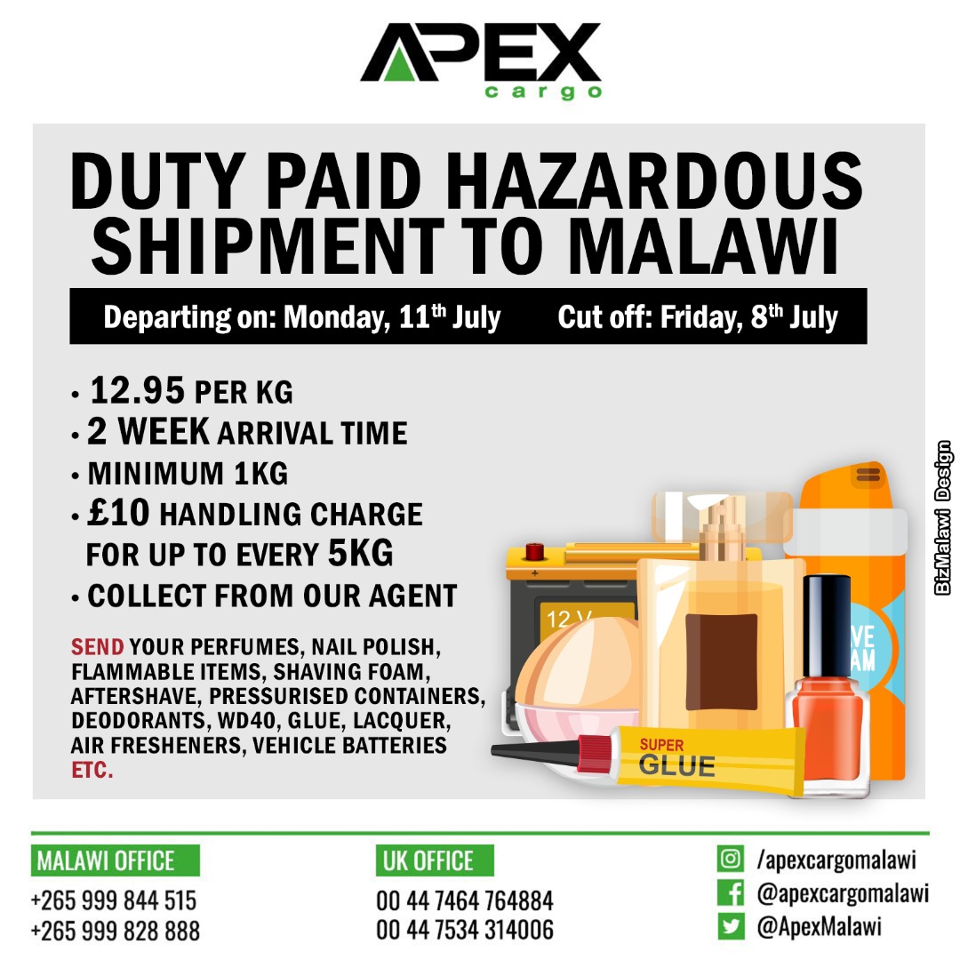 ApexMalawi's tweet photo. If your planning on sending a hazardous shipment to Malawi we depart on Monday 11th of July cutoff is on Friday 8th Of July
For more details contact 0999 844 515 (MW) or 00447935431747 (UK)
#ApexCargo #Apex #MailboxService #Airfreight #Aircargo #HazardousShipments https://t.co/c7UUkdXZd0