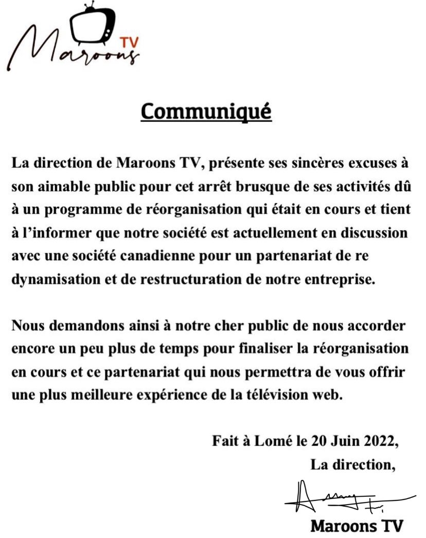 MaroonsTv's tweet photo. 📣 #COMMUNIQUÉ 📣

La direction de Maroons TV, présente ses sincères excuses à son aimable public pour cet arrêt brusque de ses activités dû à un programme de réorganisation qui était en cours et tient à l’informer que notre société est actuellement en discussion (…)

1/3 https://t.co/heYGw3j09C