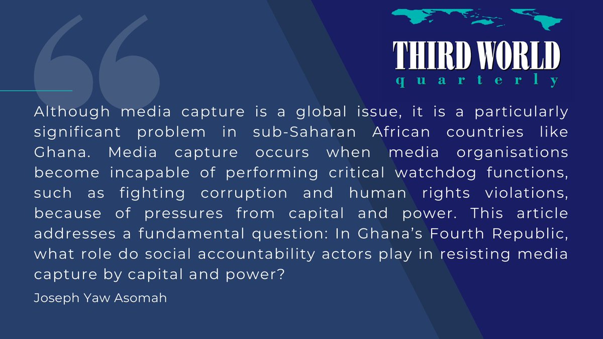 Wiweck's tweet image. RT @thirdworldq: "What role do social accountability actors play in resisting media capture in sub-Saharan Africa? Evidence from Ghana" by Joseph Yaw Asomah

Online now: tandfonline.com/doi/full/10.10…

#MediaCapture #SocialAccountability
