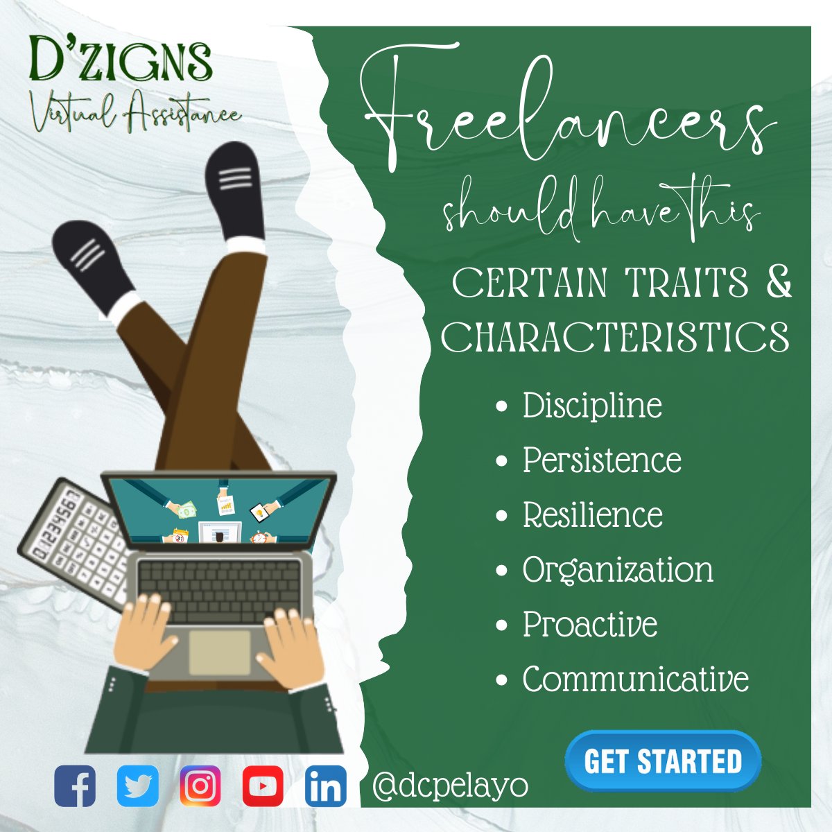 dcpelayo's tweet photo. 😍 🤞 Freelancers should have this certain traits &amp; characteristics:
Discipline
Persistence
Resilience 
Organization
Proactive
Communicative

Do you have such traits and characteristics?
comment down. 👍 Like and follow us on our social media.
#dzignsinspiration
#selfdiscipline https://t.co/VbifkNK6RP