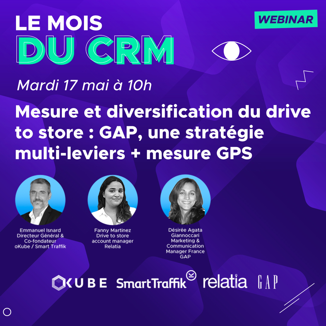 Le 17 mai se déroulait un webinar oKube et Relatia. 
Découvrez dans ce replay, comment l'enseigne GAP a mesuré ses campagnes multi-leviers via la donnée GPS, de l'impression jusqu'à la mesure incrémentale des visites en magasin.
👉 hubs.li/Q01dHG_X0