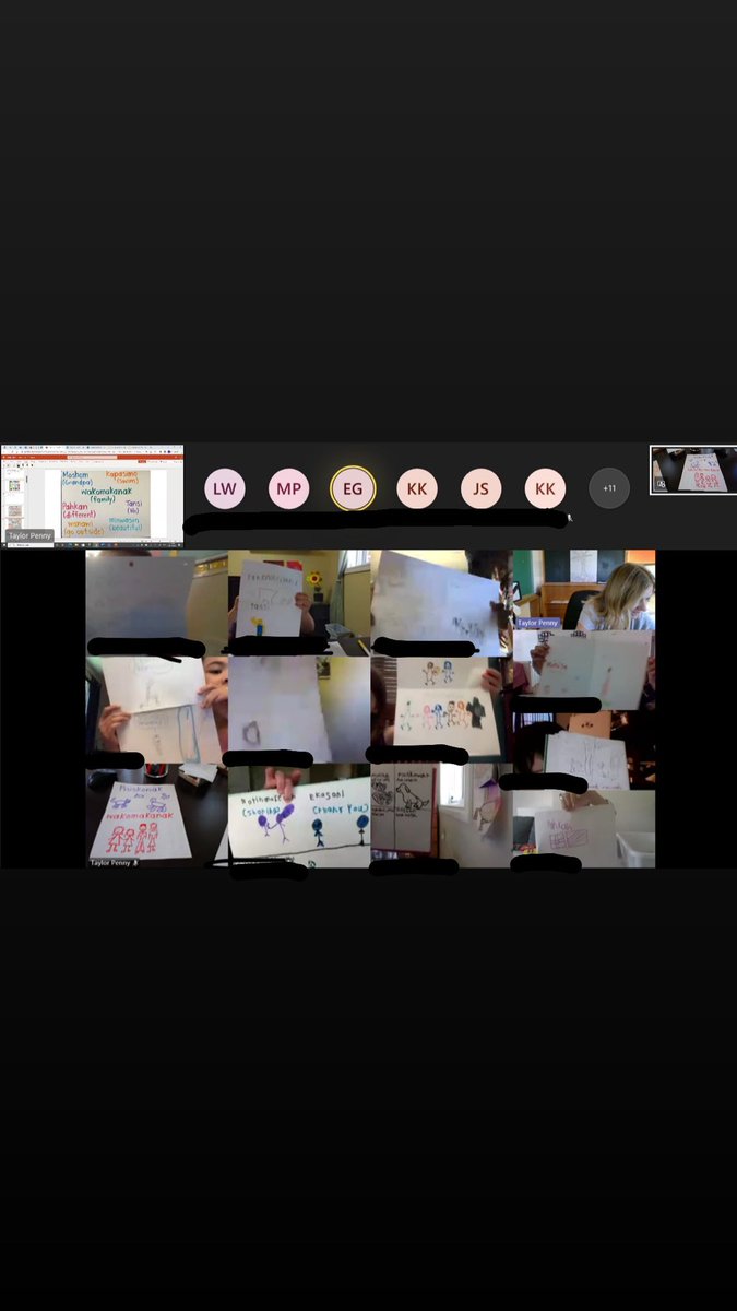 We’ve been reading a book a day for Indigenous History Month in 1/2 P (thank you <a href="/TinaDeCastro1/">Tina DeCastro</a> for this resource!) After reading On the Trapline, we spent time writing, drawing &amp; sharing the meaning of words we learned in Swampy Cree. <a href="/GEVSchool/">GEVS</a>