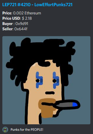 LEP_bot721's tweet photo. A beatiful @LEP721 sold for .002
Punks for the PEOPLE!
Thank you for your support 
beep boop
0% royalties
Enjoy collecting!
#LEP721 #NFTCommunity #art https://t.co/SEA5mq6xRU