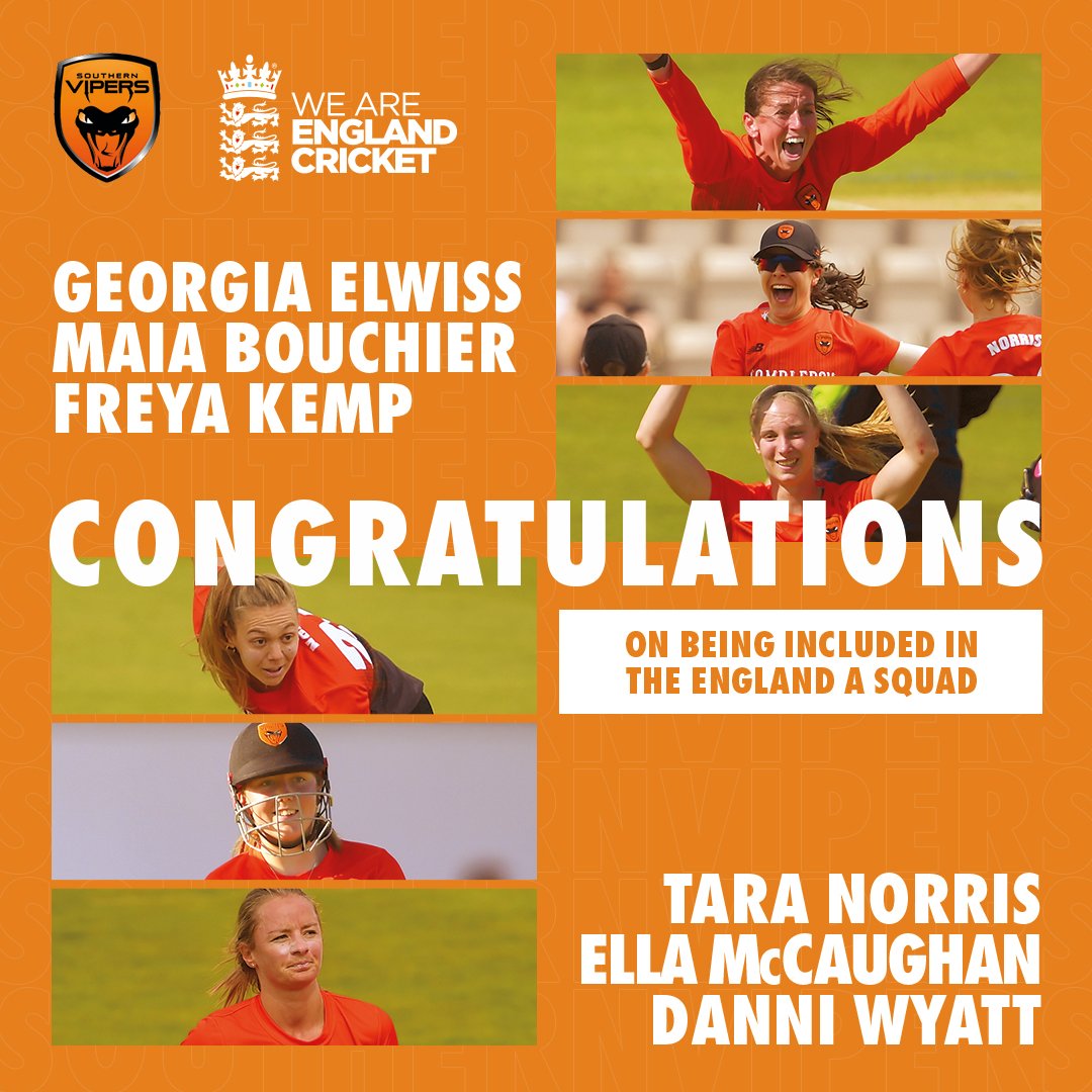 southernvipers_'s tweet photo. Congratulations also to @Gelwiss who will captain an @englandcricket A team featuring @maiabouchier, @KempFreya, @ella_mccaughan, @Tara_norris98 &amp; @Danni_Wyatt 🙌

That's EIGHT Vipers representing England this week 👏👏👏

We're so proud of all of you 🧡🖤

#BewareTheVipers 🐍 https://t.co/1ucxeB1arb