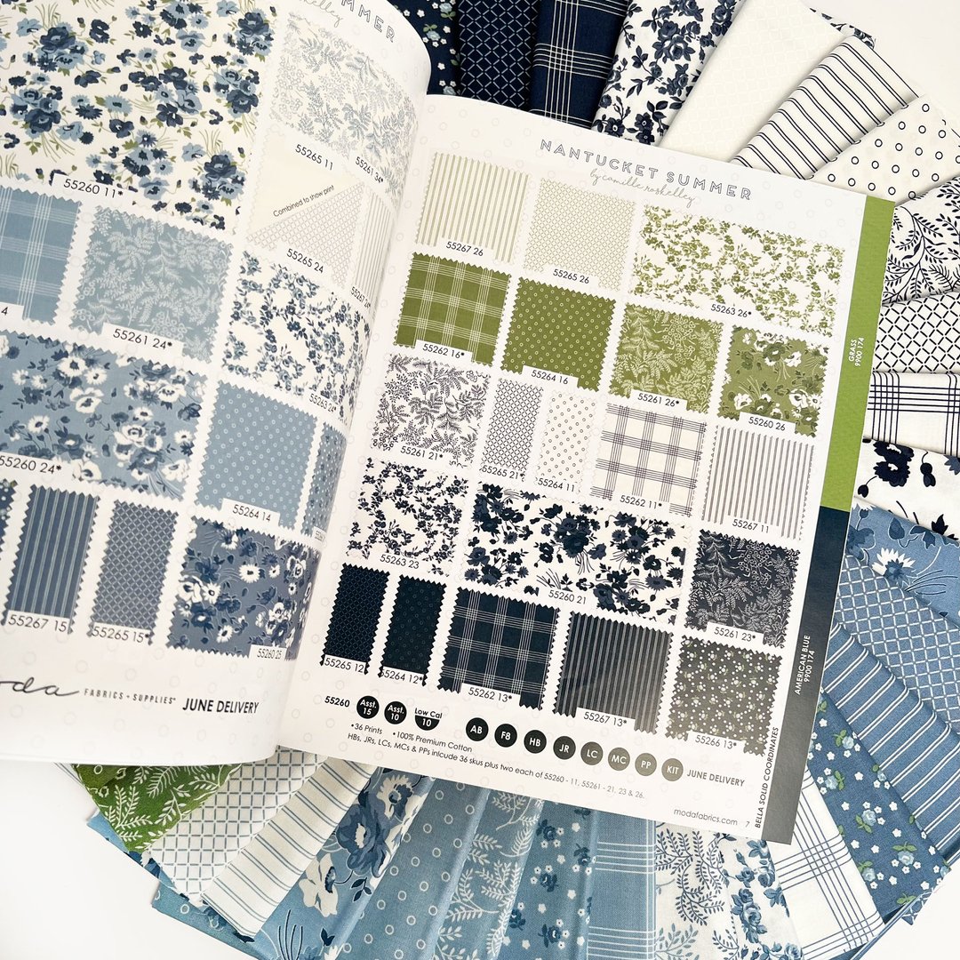 Moda's  Piece 51 catalog features Camille Roskelley with her debut solo line, Nantucket Summer. Please read about it on Moda's Inspiration and Resource center blog. There may be some surprises for you also. 
.
.
Fabrics, Patterns, Kits, and more are available at your favorite ind