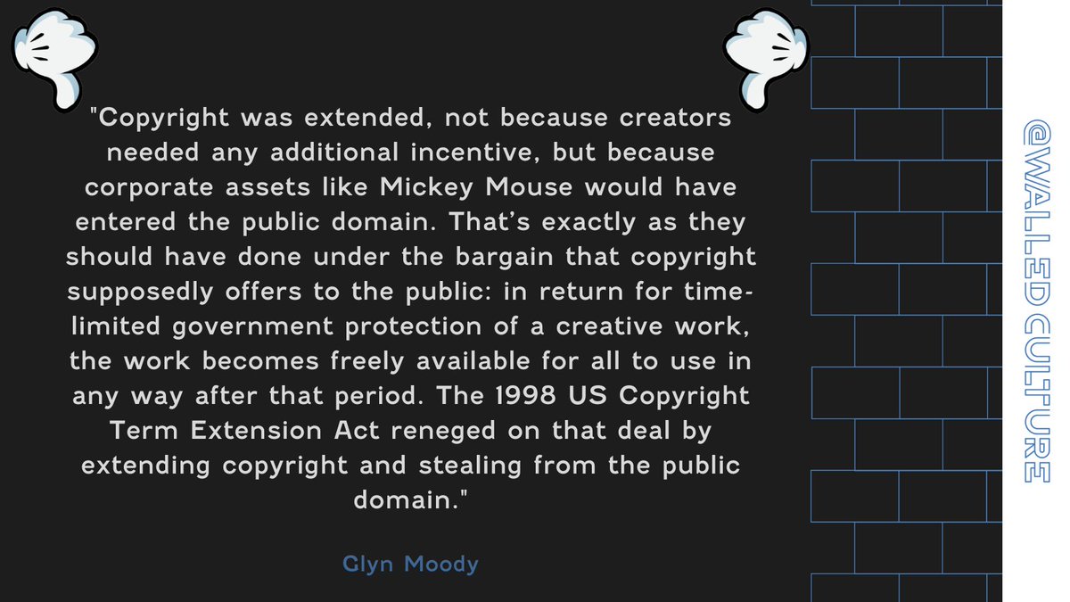 walledculture's tweet photo. Lengthy copyright terms benefit Big Content, not necessarily creators, and certainly not the general public - @glynmoody https://t.co/McQmUhPpjb #Disney #CopyrightTerm #CopyrightReform https://t.co/NP2u7MojhI