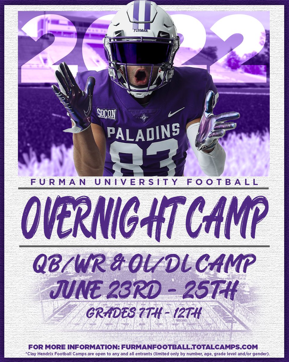 Furman Football (@paladinfootball) on Twitter photo โ
6 Practices
โ
Great Opportunity to get better
๐ต - Discount 5+ from same school
๐ - furmanfootball.totalcamps.com/About%20Us
โ- Furmanfootball@furman.edu โ
6 Practices
โ
Great Opportunity to get better
๐ต - Discount 5+ from same school
๐ - furmanfootball.totalcamps.com/About%20Us
โ- Furmanfootball@furman.edu